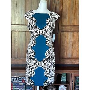 London Times Size 6 Sleeveless‎ Dress Teal w/ White and Black Pattern NWT